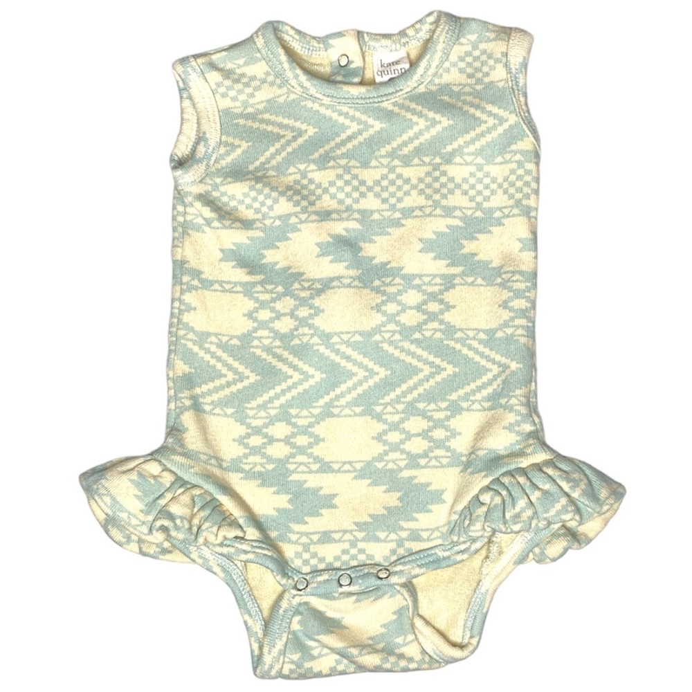 Kate Quinn Cream Blue Southwest Aztec Print Terry Ruffle Sleeveless Bodysuit 3-6